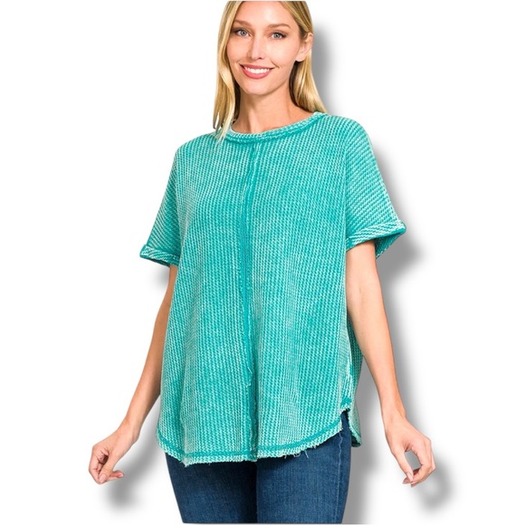 Zenana Women's Small/Medium Aqua Blue Knit Short Sleeve Distressed Crewneck Top - Picture 6 of 16